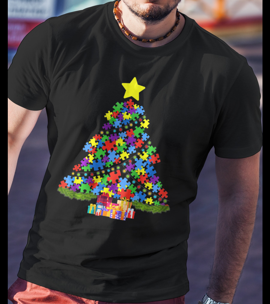 Autism Puzzle Piece Christmas Tree With Gifts And Star T-Shirt