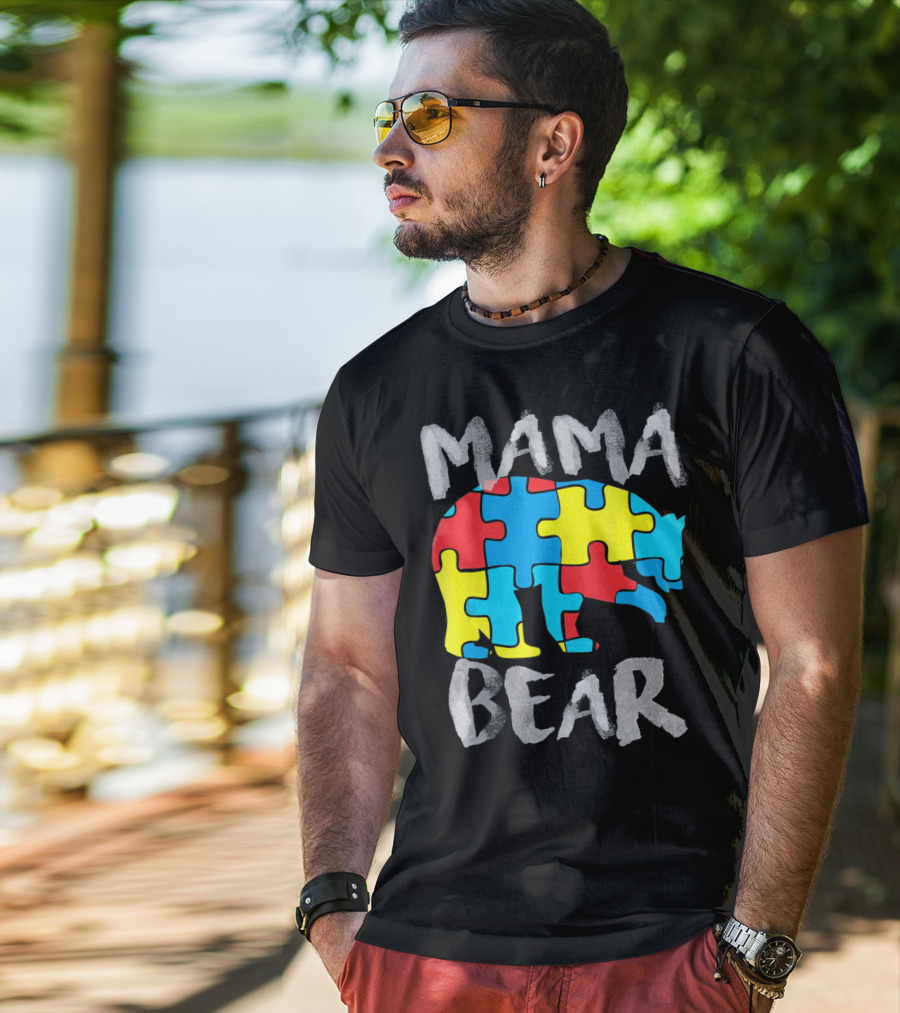 Mama Bear Autism Awareness Puzzle Piece Love Support T-Shirt