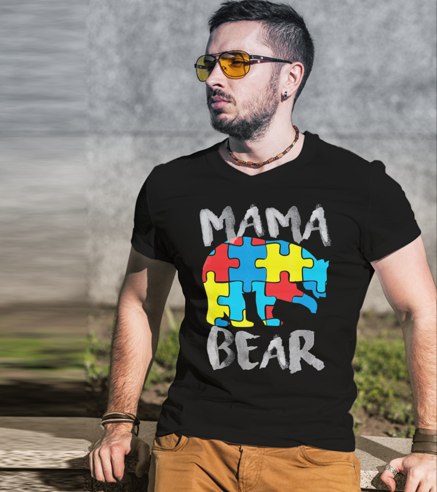 Mama Bear Autism Awareness Puzzle Piece Love Support T-Shirt