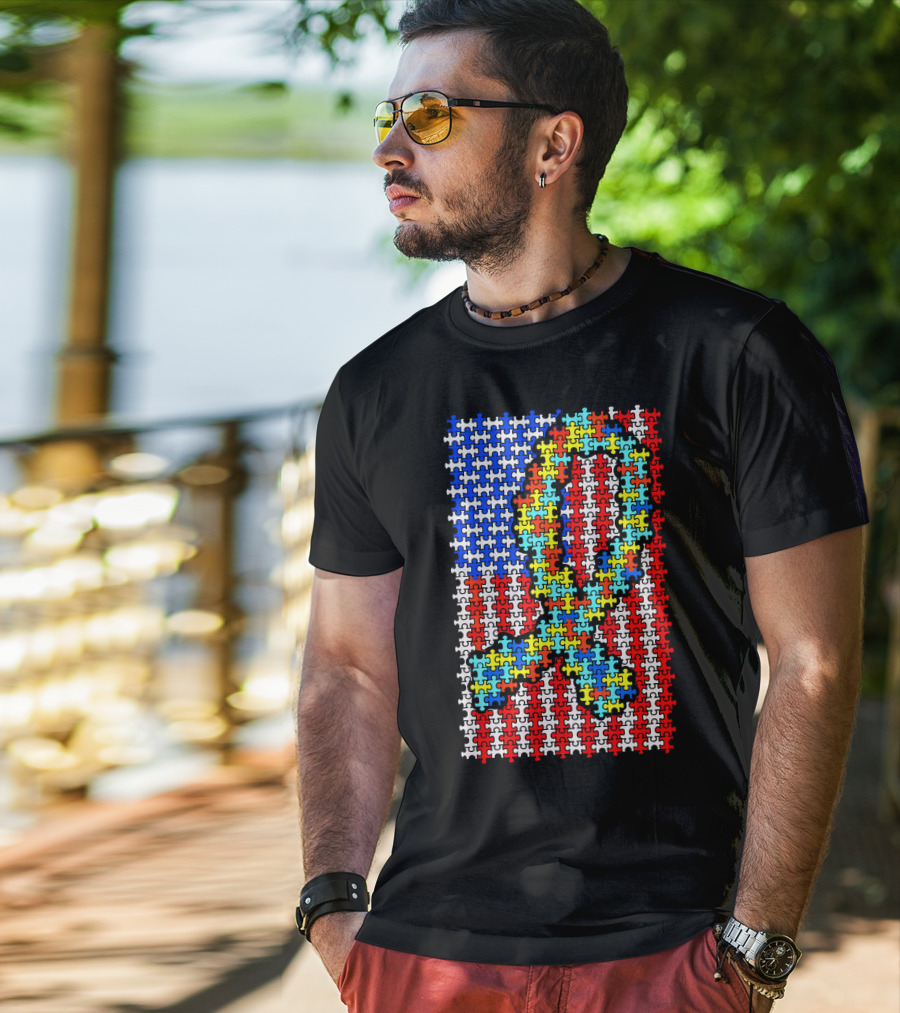 Autism Awareness Puzzle Ribbon US Flag Disability T-Shirt