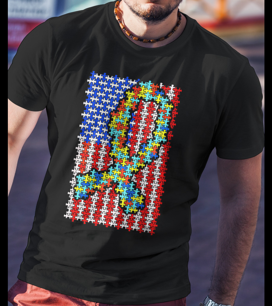 Autism Awareness Puzzle Ribbon US Flag Disability T-Shirt