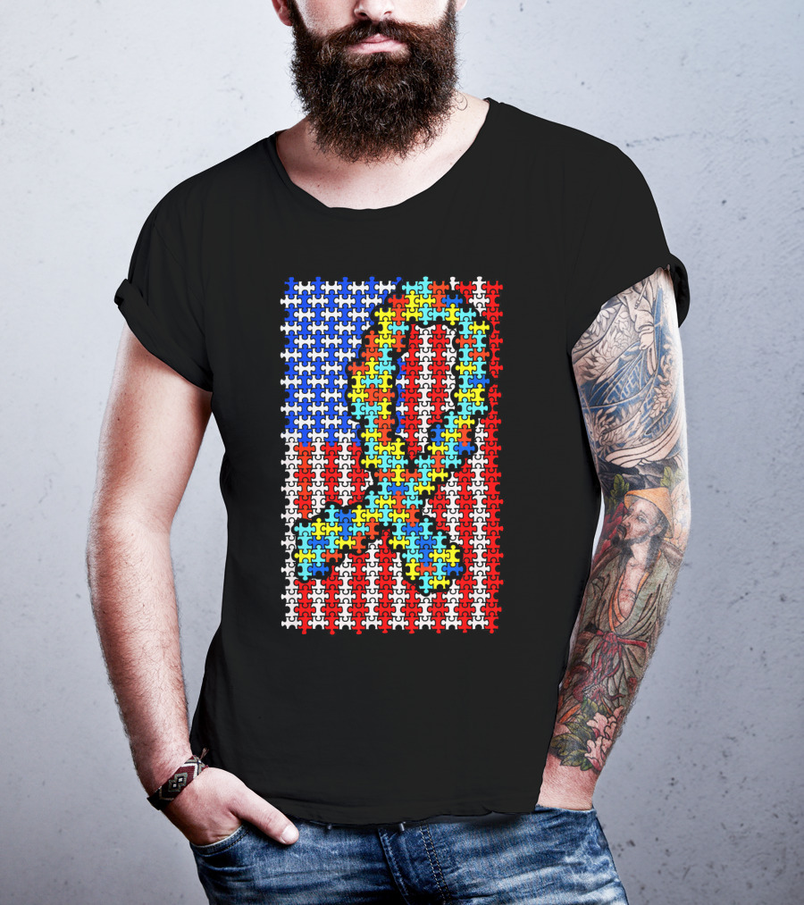 Autism Awareness Puzzle Ribbon US Flag Disability T-Shirt