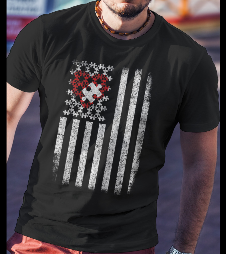 Autism Awareness American Flag Red Heart Puzzle Piece T-Shirt