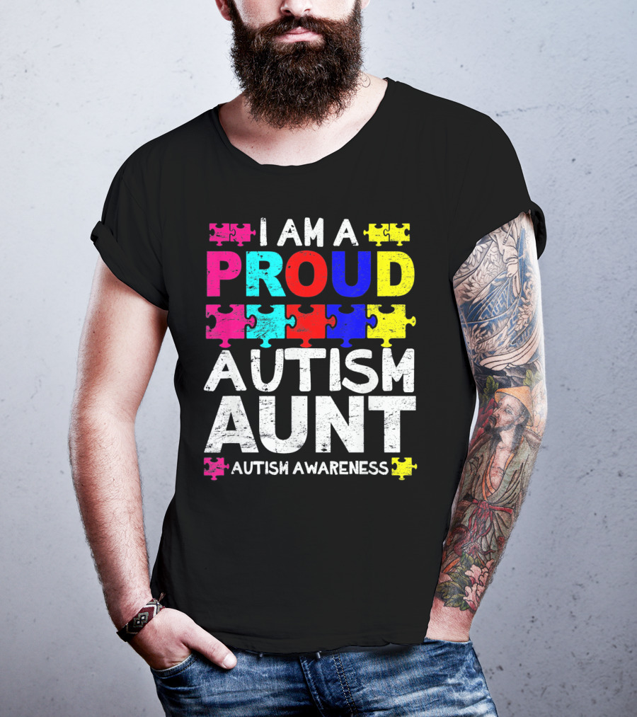 I Am A Proud Autism Aunt Autism Awareness Puzzle Pieces T-Shirt