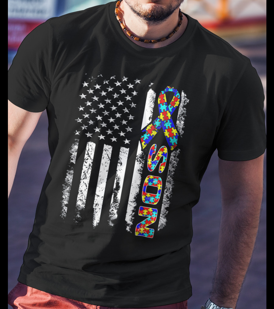 Son Autism Awareness Puzzle Ribbon American Flag T-Shirt