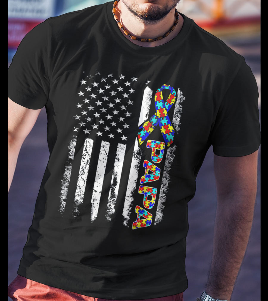 Papa Puzzle Ribbon Autism Awareness American Flag Stars Stripes T-Shirt