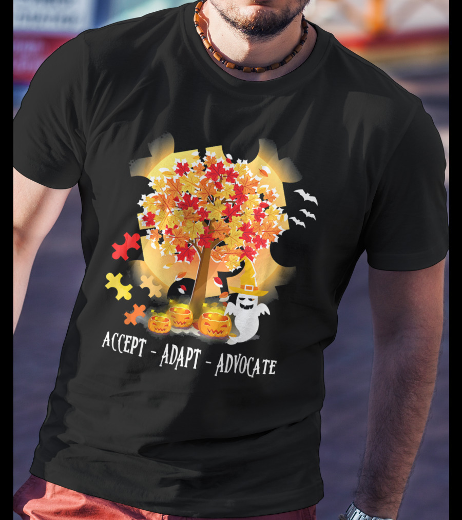 Accept Adapt Advocate Halloween Autism Awareness Ghost Pumpkin Puzzle Bats T-Shirt