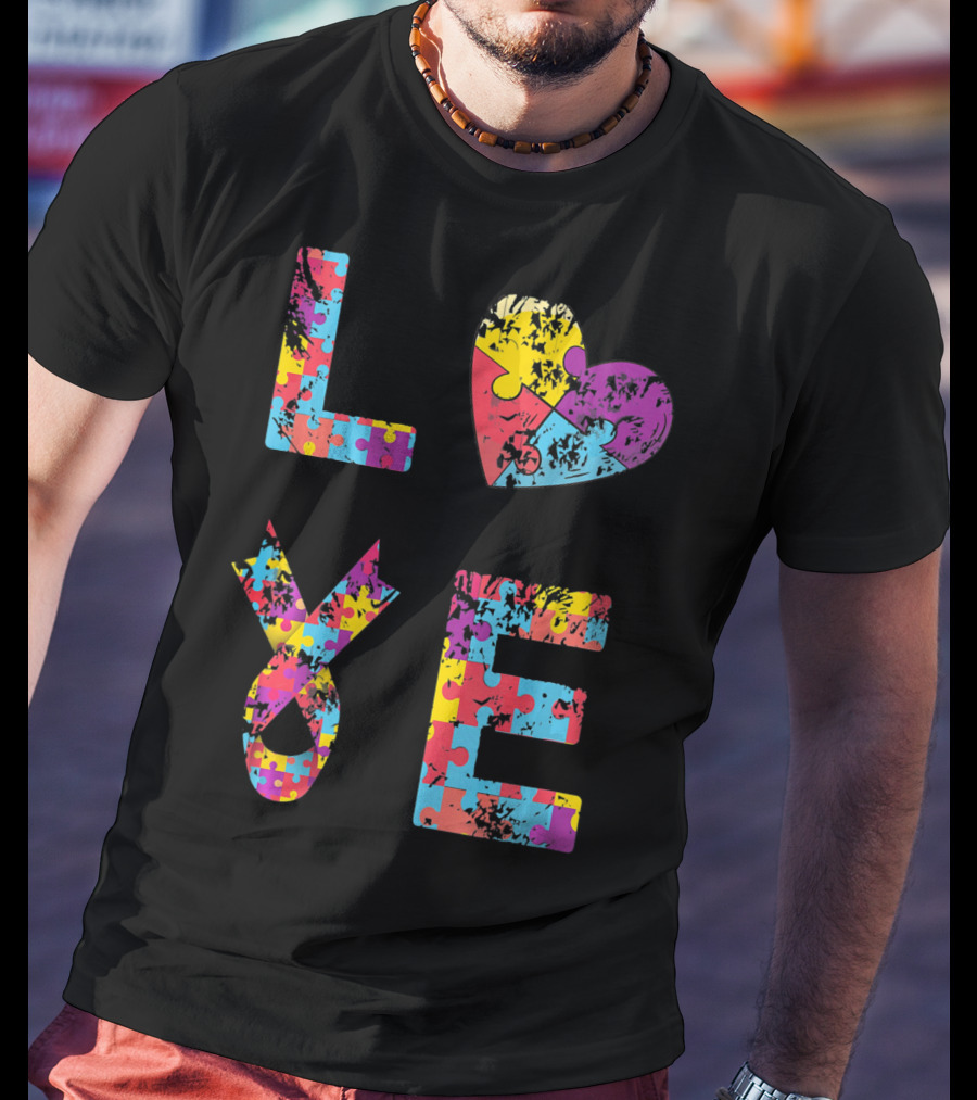 Autism Awareness Love Puzzle Heart Ribbon Design For Women Men Kids Rib T-Shirt