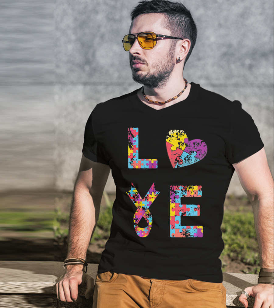 Autism Awareness Love Puzzle Heart Ribbon Design For Women Men Kids Rib T-Shirt