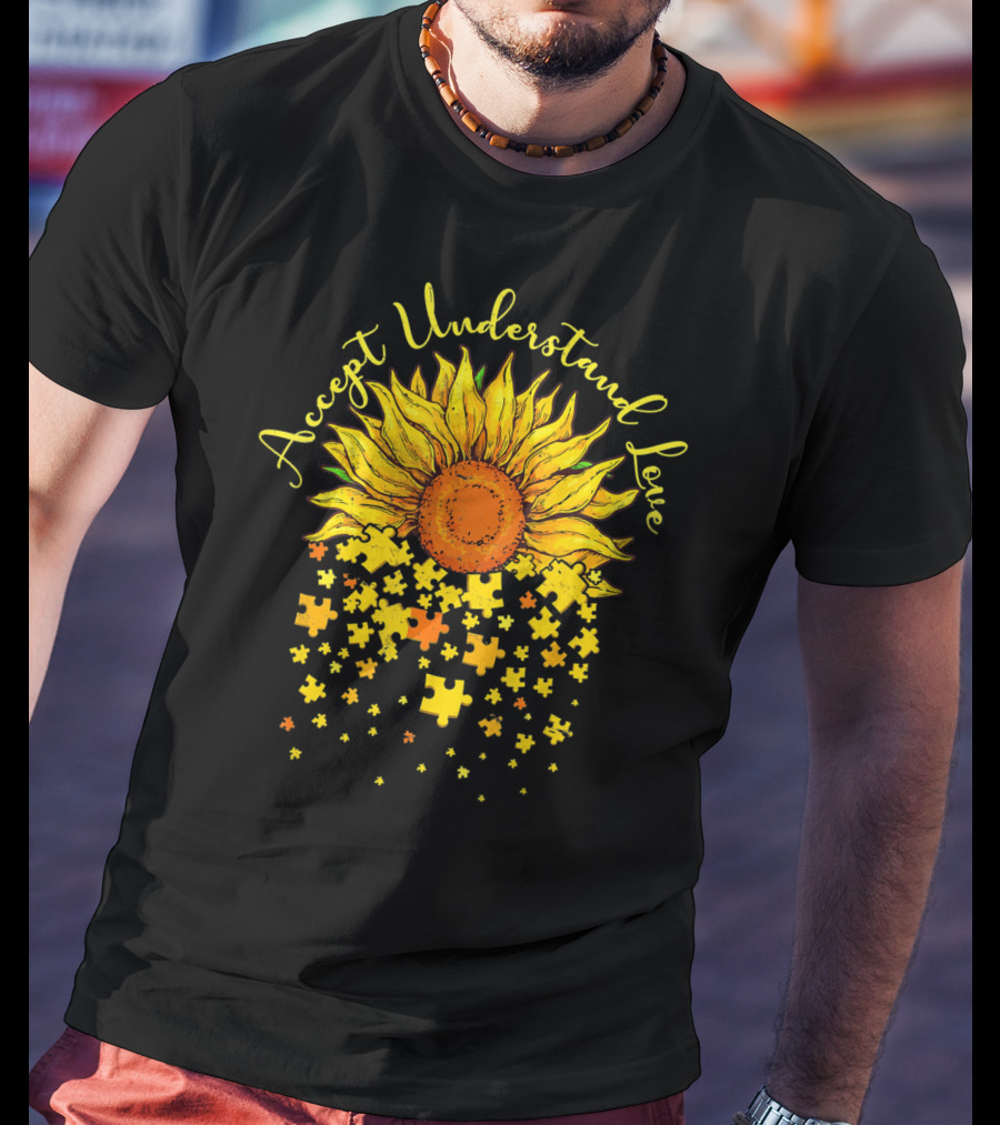 Accept Understand Love Sunflower Autism Awareness Puzzle Pieces T-Shirt