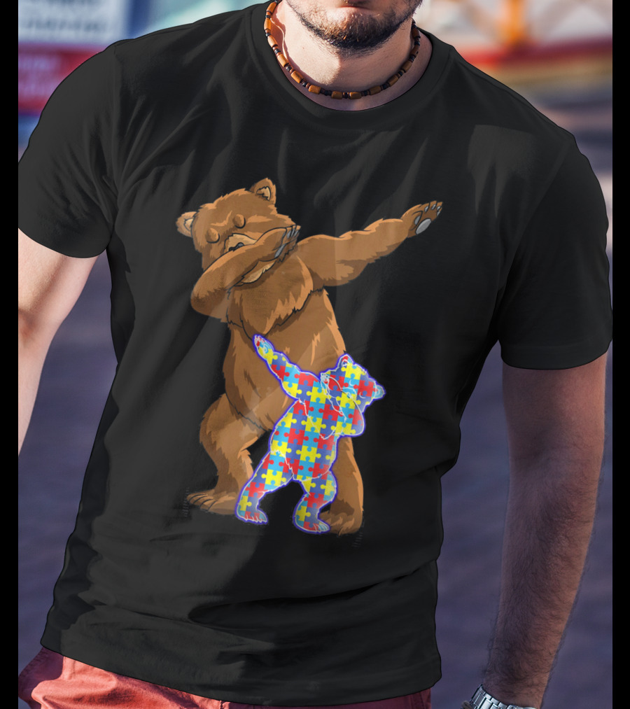 Dabbing Mama Bear With Autism Puzzle Pattern Cub T-Shirt