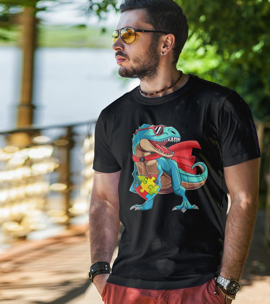 Autism Awareness Dinosaur Puzzle With Superhero Cape And Sunglasses T-Shirt