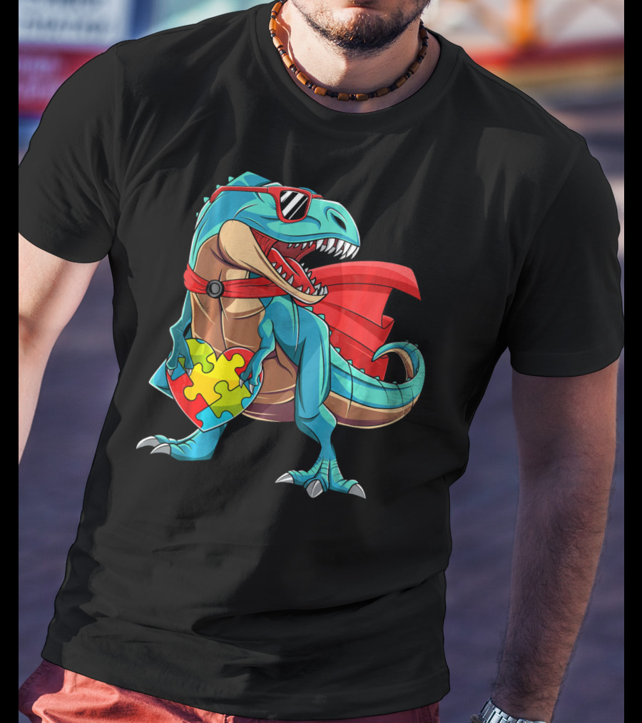 Autism Awareness Dinosaur Puzzle With Superhero Cape And Sunglasses T-Shirt