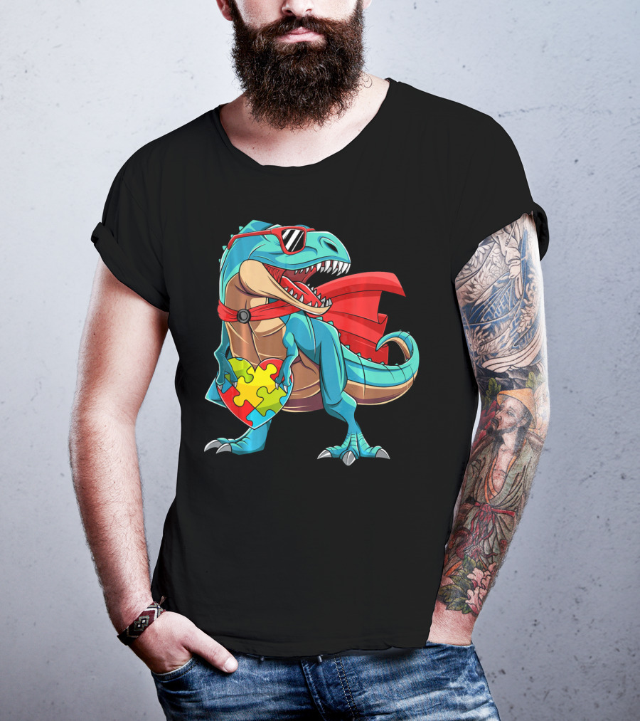 Autism Awareness Dinosaur Puzzle With Superhero Cape And Sunglasses T-Shirt