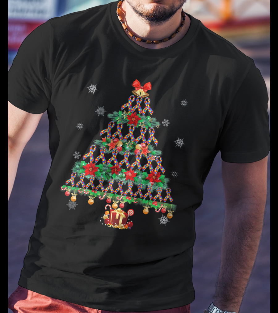 Autism Christmas Tree Puzzles And Xmas Lights With Presents And Snowflakes T-Shirt