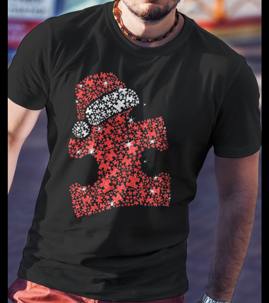 Puzzle Pieces Santa Hat Autism Awareness T-Shirt