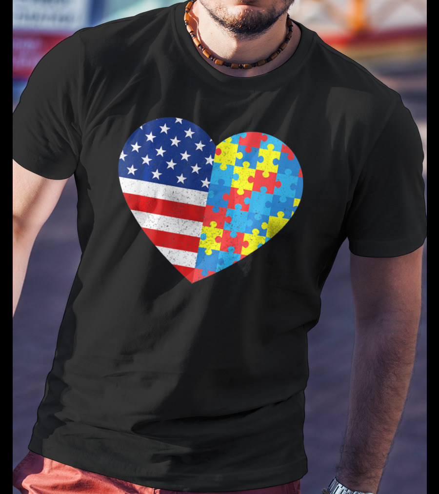 American Flag Heart Autism Awareness Puzzle Piece T-Shirt