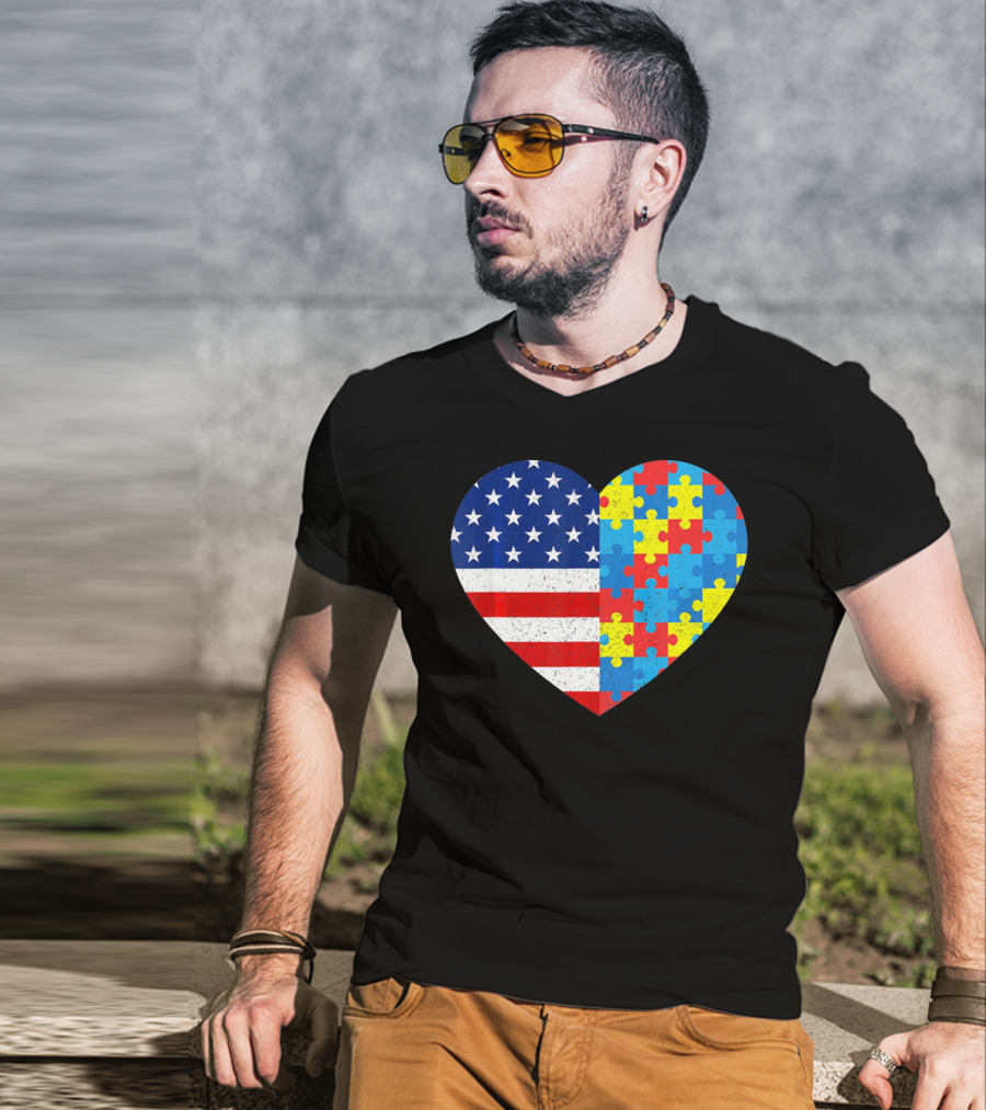 American Flag Heart Autism Awareness Puzzle Piece T-Shirt