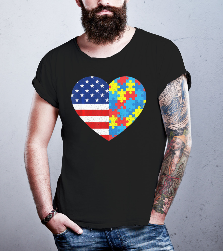 American Flag Heart Autism Awareness Puzzle Piece T-Shirt