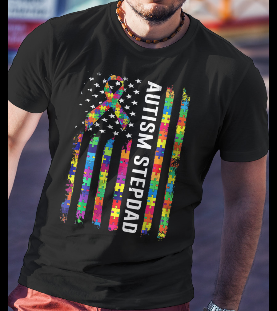 Autism Stepdad American Flag Puzzle T-Shirt