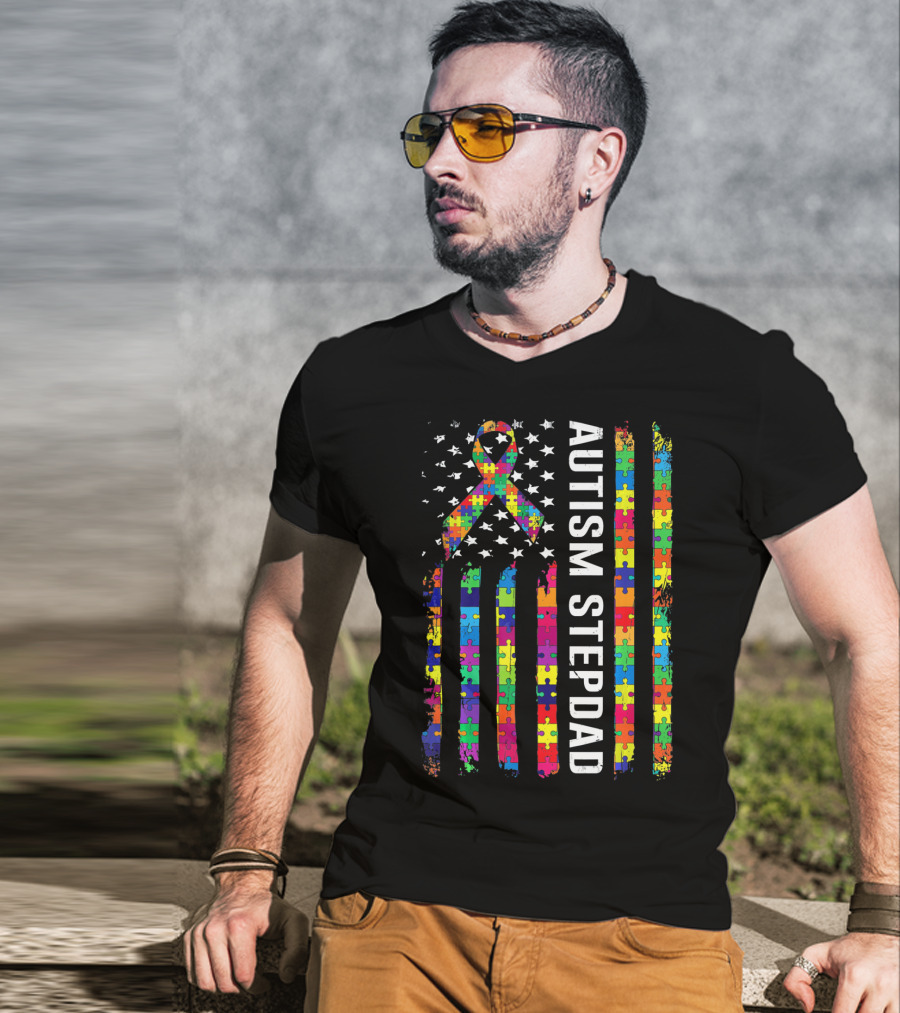 Autism Stepdad American Flag Puzzle T-Shirt