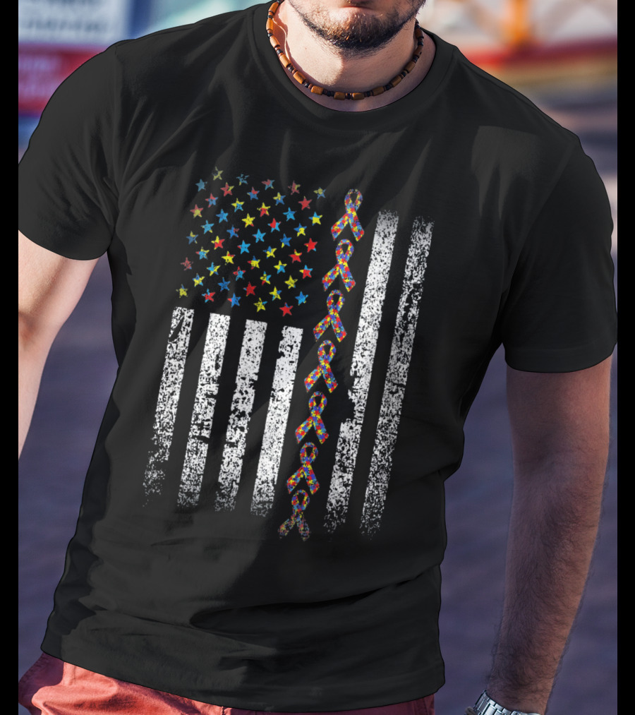 USA Flag With Autism Awareness Ribbon T-Shirt
