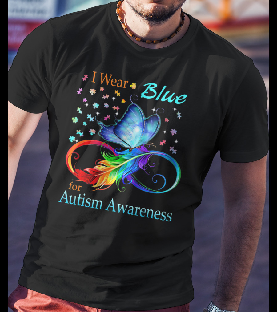 I Wear Blue For Autism Awareness Butterfly Ribbon Puzzle Pieces T-Shirt
