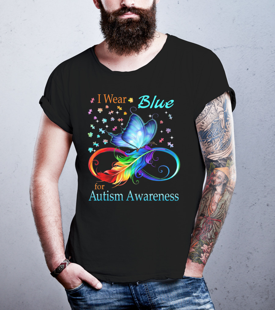 I Wear Blue For Autism Awareness Butterfly Ribbon Puzzle Pieces T-Shirt