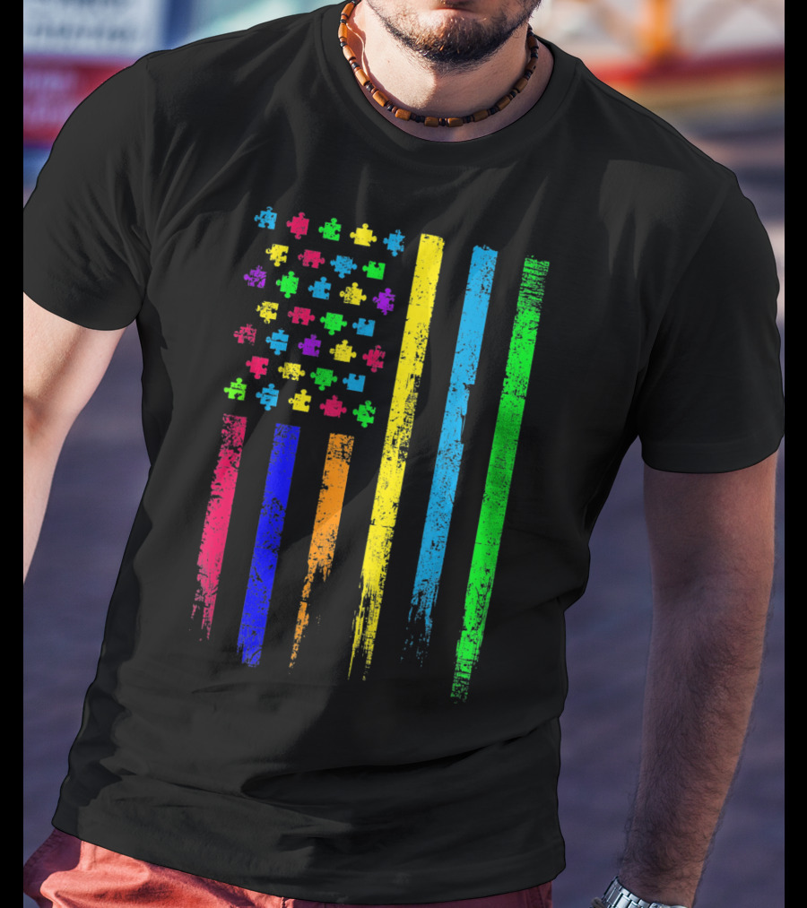 USA Flag Puzzle Pieces Rainbow Stripes T-Shirt