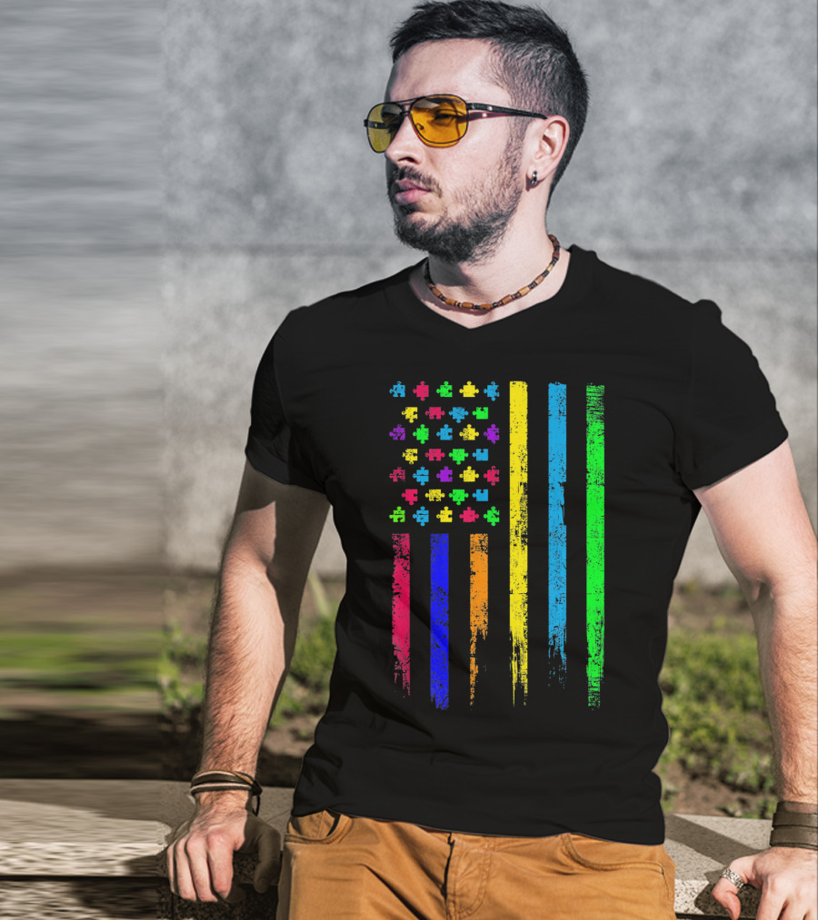 USA Flag Puzzle Pieces Rainbow Stripes T-Shirt