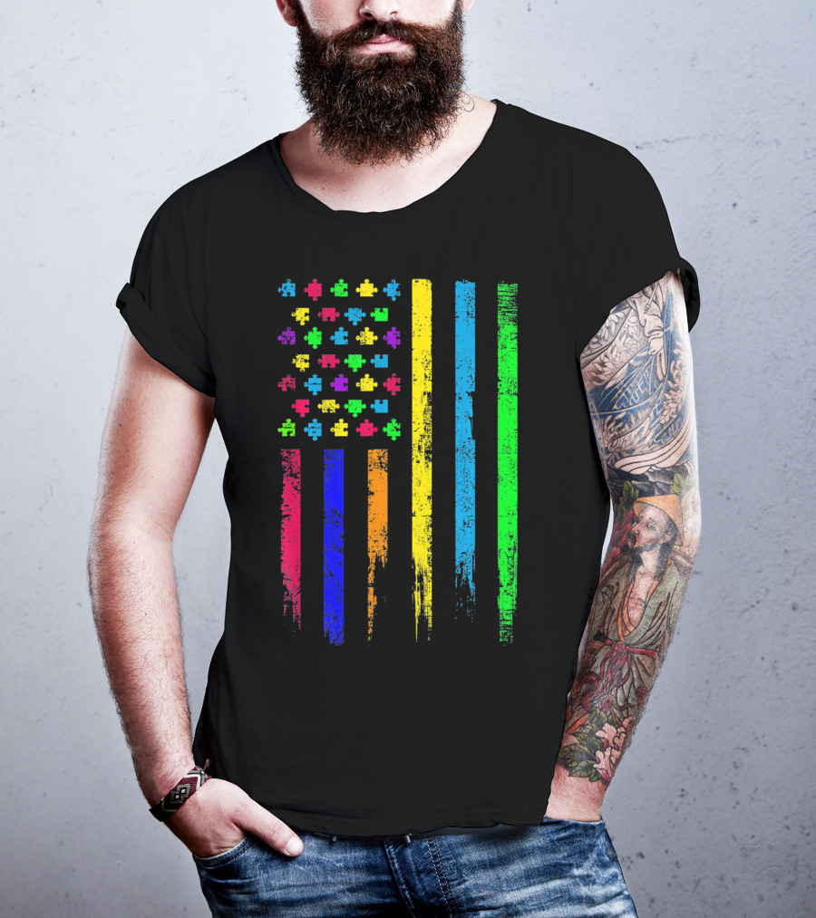 USA Flag Puzzle Pieces Rainbow Stripes T-Shirt