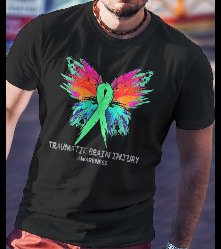 TRAUMATIC BRAIN INJURY Awareness Ribbon Colorful Butterfly T-Shirt