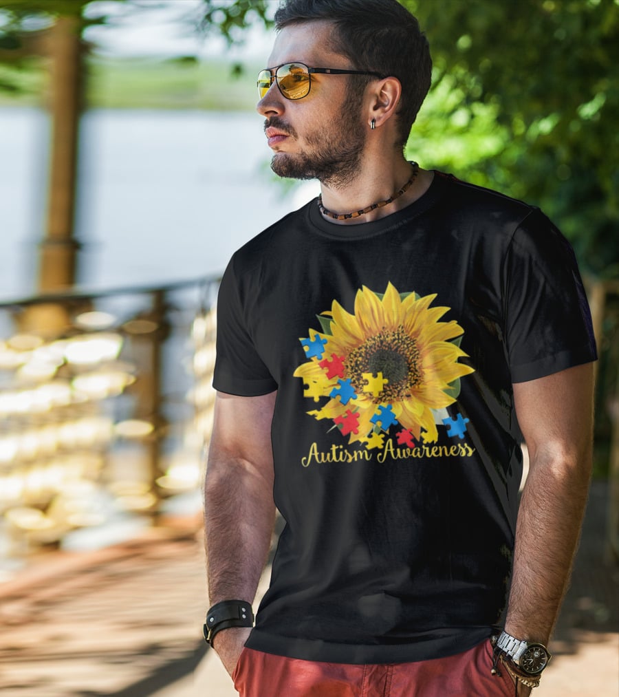 Autism Awareness Sunflower With Puzzle Pieces T-Shirt
