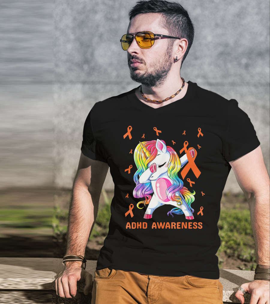 ADHD Awareness Dabbing Unicorn With Rainbow Mane And Orange Ribbons T-Shirt
