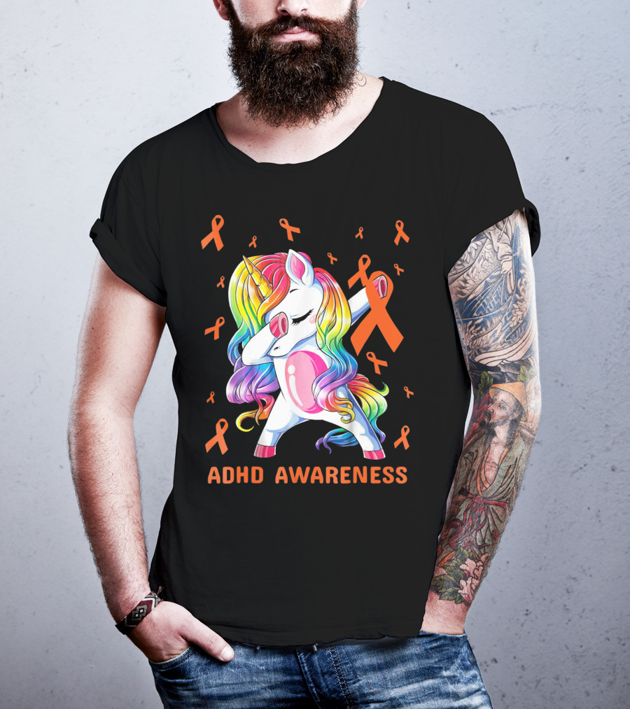 ADHD Awareness Dabbing Unicorn With Rainbow Mane And Orange Ribbons T-Shirt