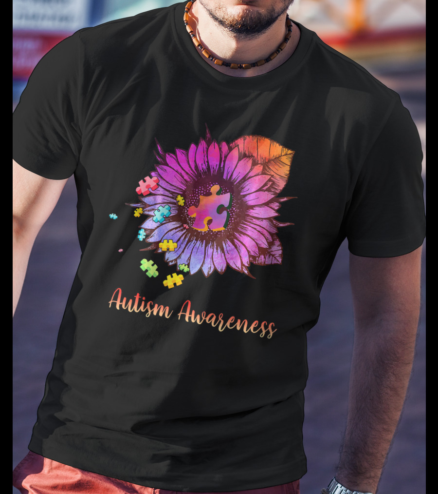 Autism Awareness Puzzle Ribbon Sunflower Hippie T-Shirt