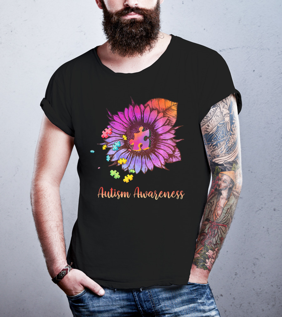 Autism Awareness Puzzle Ribbon Sunflower Hippie T-Shirt