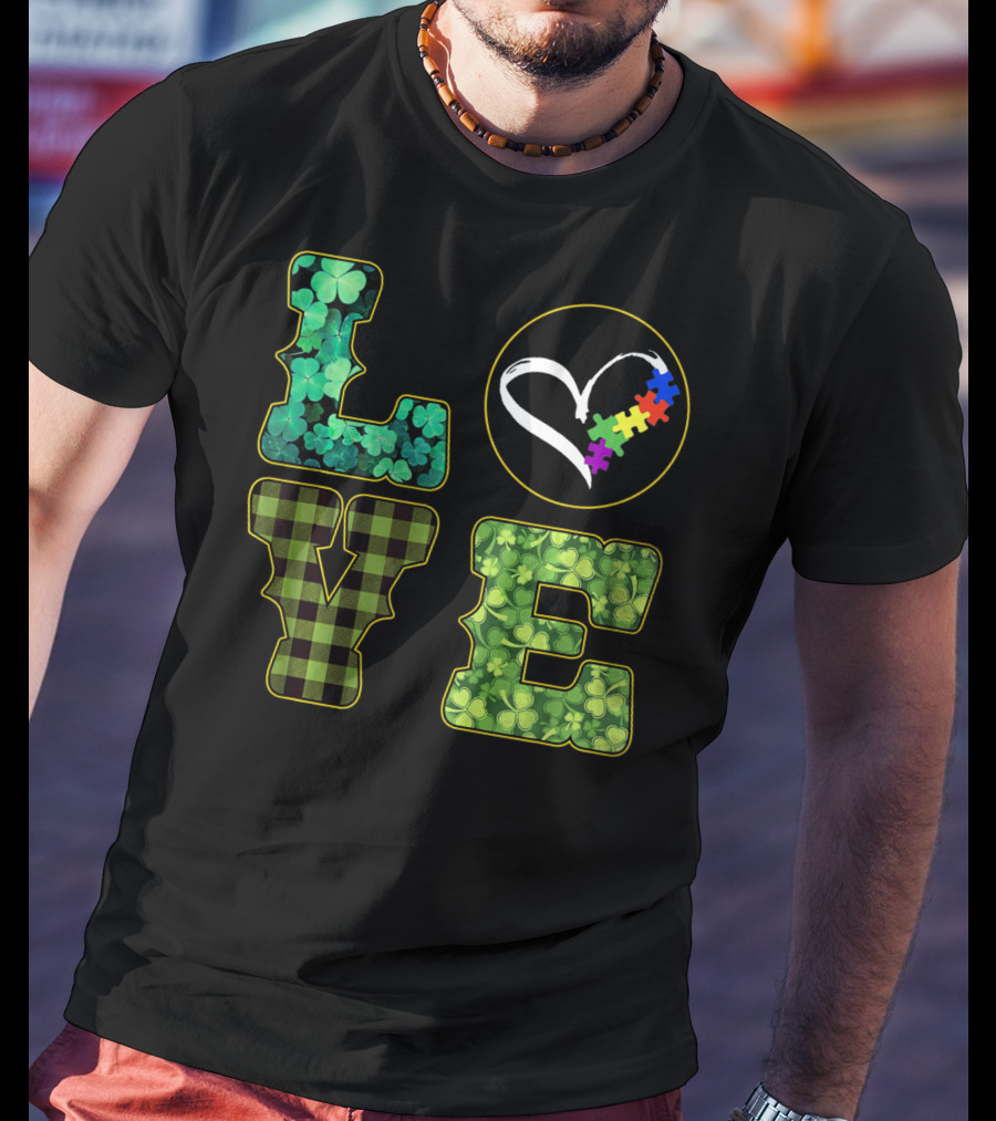 LOVE Shamrocks Plaid Heart Puzzle Autism Awareness St. Patrick's Day T-Shirt