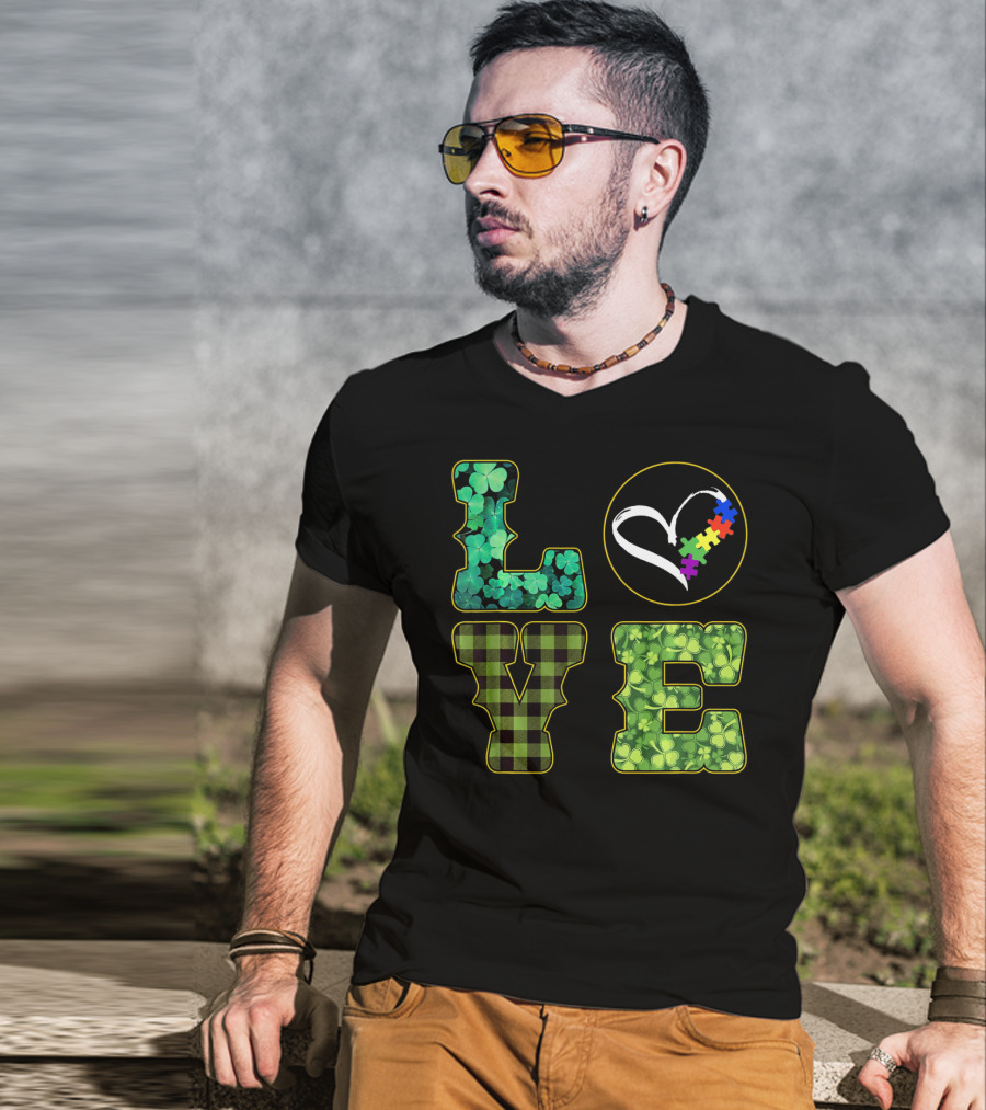 LOVE Shamrocks Plaid Heart Puzzle Autism Awareness St. Patrick's Day T-Shirt