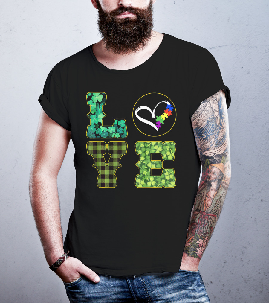 LOVE Shamrocks Plaid Heart Puzzle Autism Awareness St. Patrick's Day T-Shirt