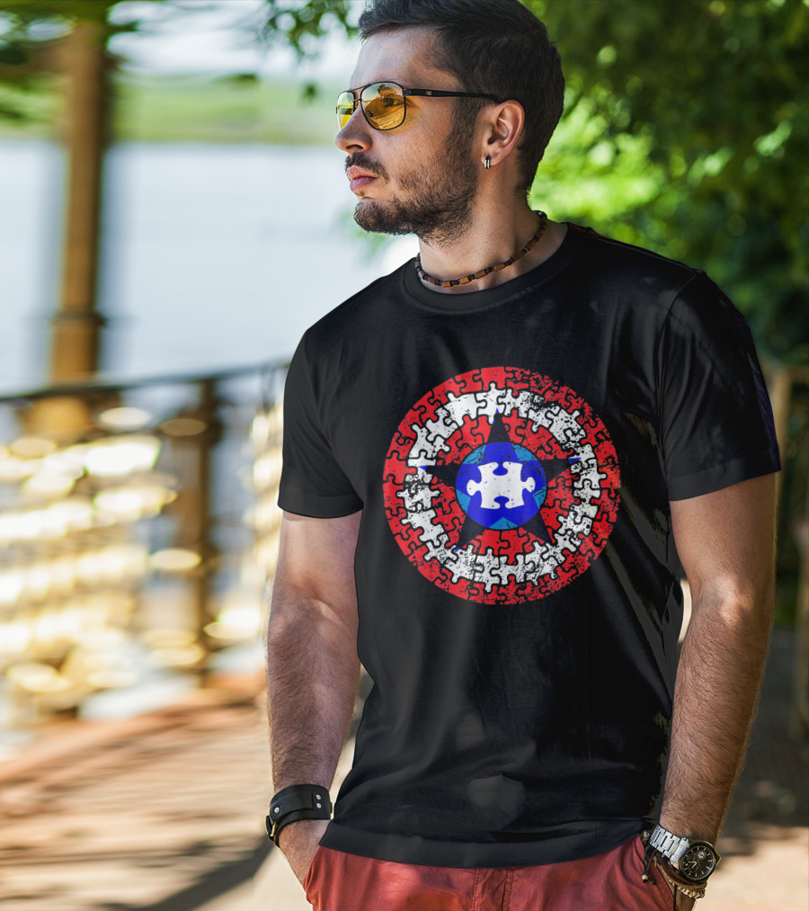 Captain Autism Superhero Shield Awareness Puzzle Star Emblem T-Shirt