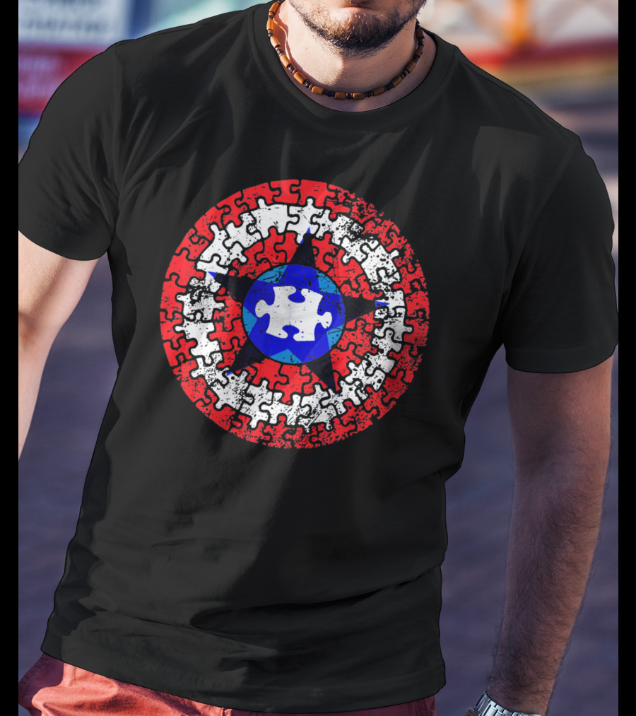 Captain Autism Superhero Shield Awareness Puzzle Star Emblem T-Shirt