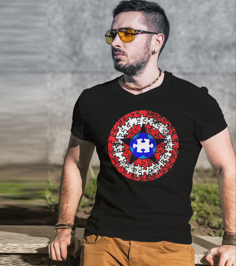 Captain Autism Superhero Shield Awareness Puzzle Star Emblem T-Shirt