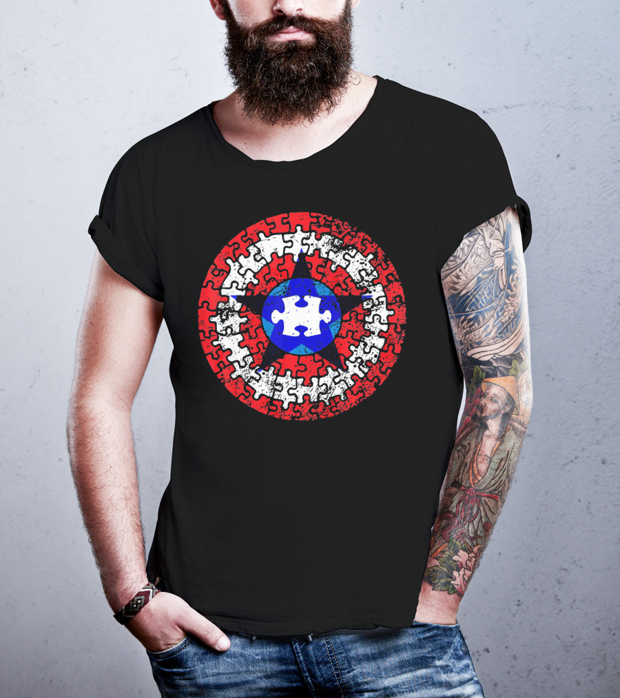 Captain Autism Superhero Shield Awareness Puzzle Star Emblem T-Shirt