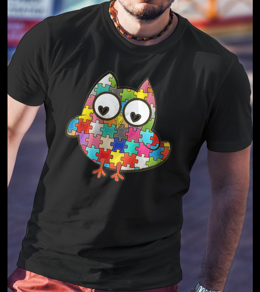 Autism Owl Puzzle Heart Eyes Autism Awareness Month T-Shirt