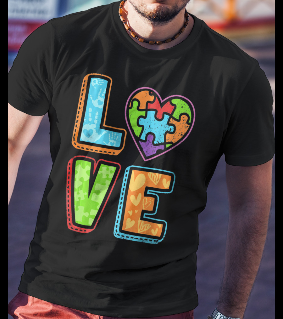 LOVE Heart Autism Awareness Puzzle Handprints T-Shirt