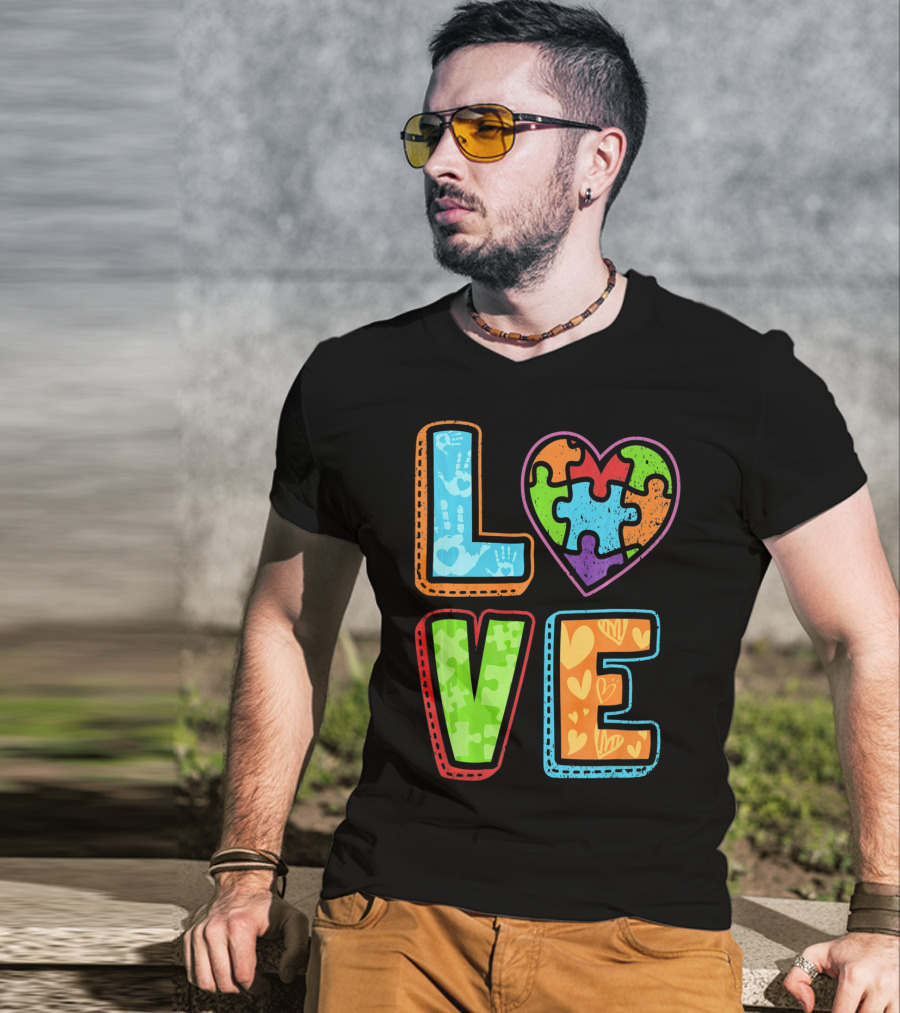 LOVE Heart Autism Awareness Puzzle Handprints T-Shirt
