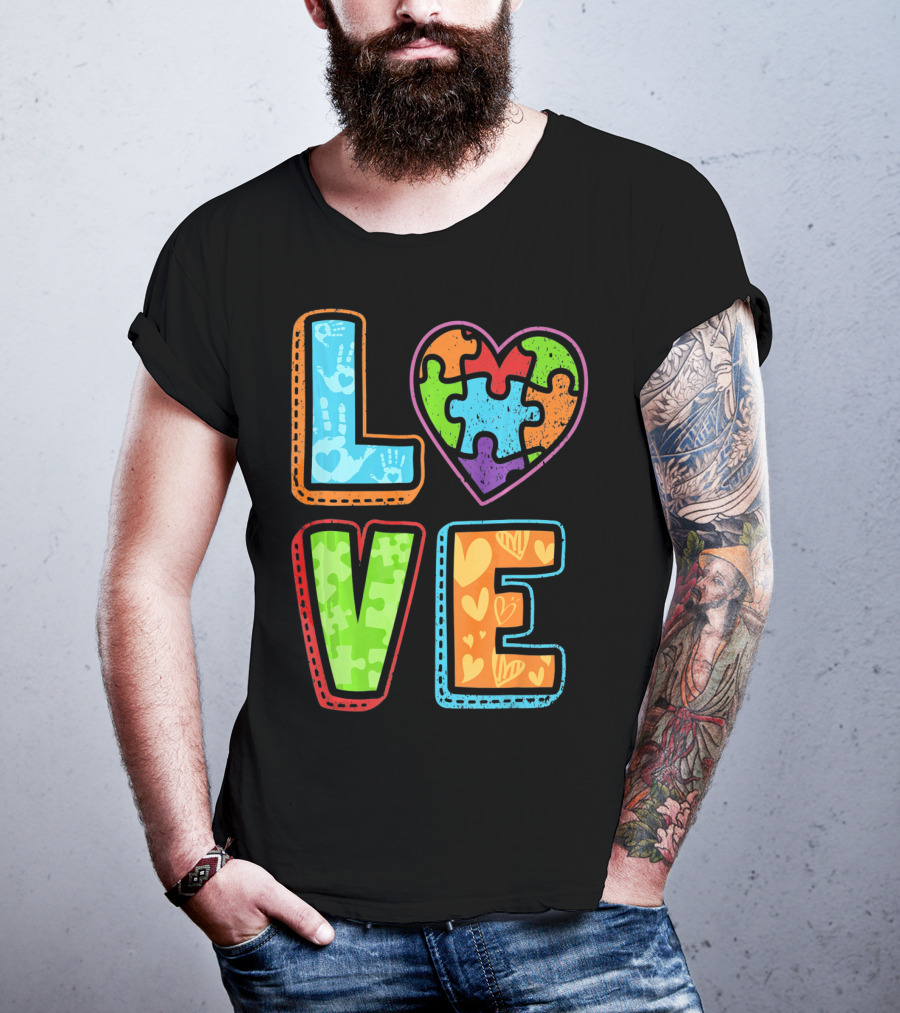 LOVE Heart Autism Awareness Puzzle Handprints T-Shirt