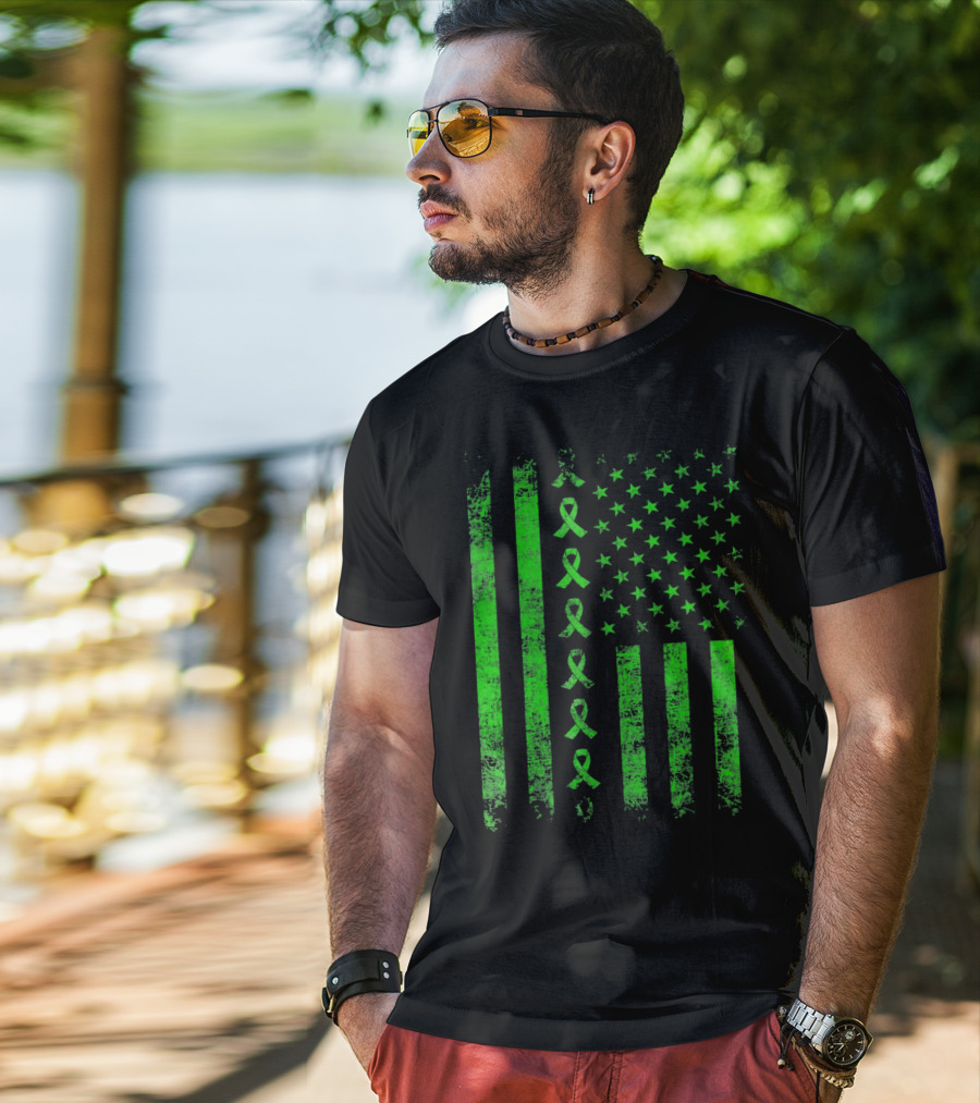 Green Ribbon US Flag Cerebral Palsy Awareness T-Shirt