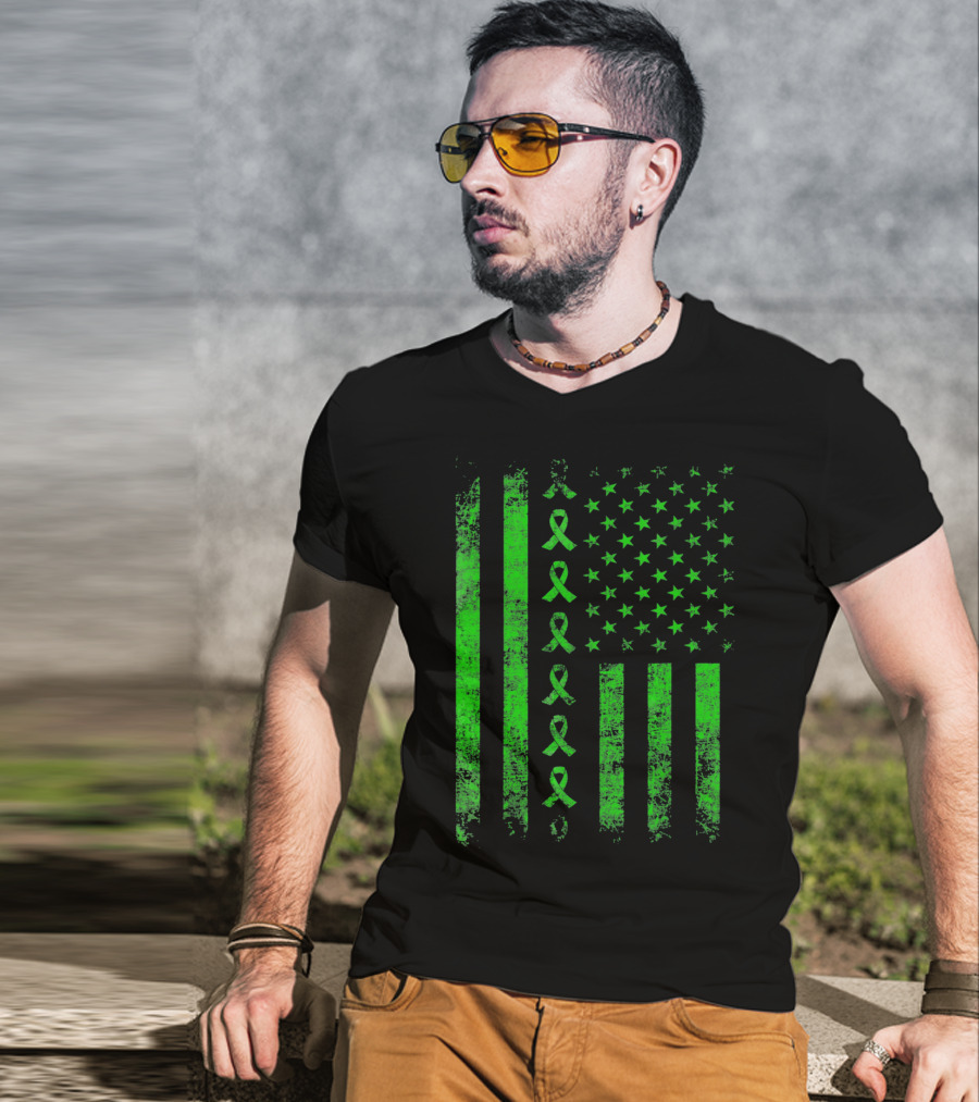 Green Ribbon US Flag Cerebral Palsy Awareness T-Shirt